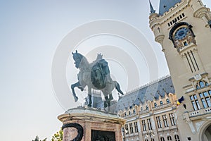 Statue of Stephen the Great in front of the Palace of Culture in Iasi, Romania. The Palace of Culture and Statue of Stephen the