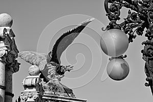 Statue of a stone eagle at the entrance of Buda Castle in Budapest