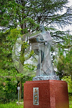 Statue of Takayama Ukon 1552-1615 at Takaoka castle Park in Takaoka, Toyama, Japan. Takayama Ukon