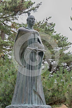 Statue of Takayama Ukon 1552-1615 at Takaoka castle Park in Takaoka, Toyama, Japan. Takayama Ukon