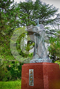 Statue of Takayama Ukon 1552-1615 at Takaoka castle Park in Takaoka, Toyama, Japan. Takayama Ukon