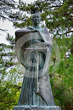 Statue of Takayama Ukon 1552-1615 at Takaoka castle Park in Takaoka, Toyama, Japan. Takayama Ukon