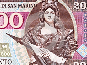 The statue of the three towers, the symbol of San Marino from money