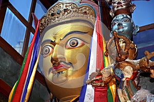 Statue of Tibetan Buddhism founder Padmasambhava Guru Rinpoche in the monastery Zhidung gompa.