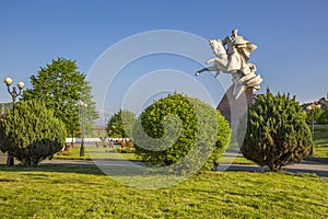 Statue to the great commander Issa Pliev sitting on a horse in Vladikavkaz photo