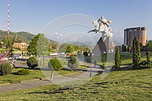 Statue to the great commander Issa Pliev sitting on a horse in Vladikavkaz photo