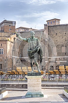 Statue of Trajan with inscription S.P.Q.R. IMP.CAESARI.NERVAE.F.TRAIANO OPTIMO PRINCIPI1 - engl: Trajan served as the Roman photo