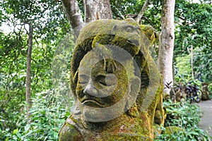 The statue in Ubud Monkey Forest covered by moss, Bali Island, Indonesia