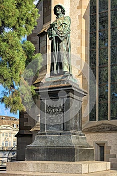 Statue of Ulrich Zwingli at the Water Church in Zurich, Switzerland photo