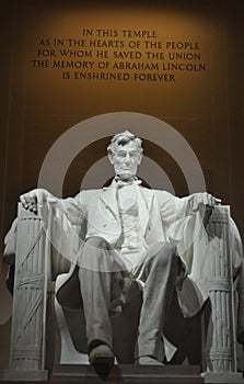 Statue of US President Abraham Lincoln inside the Lincoln Memorial