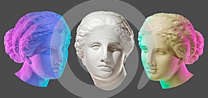 Statue of Venus de Milo. Creative concept colorful neon image with ancient greek sculpture Venus or Aphrodite head photo