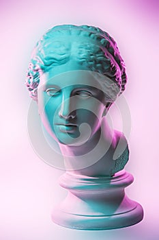 Statue of Venus de Milo. Creative concept colorful neon image with ancient greek sculpture Venus or Aphrodite head