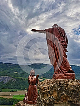 Statue of the Virgin Mary and benoite rencurel, Pindreau monument, Sancturary of Our Lady of Laus.