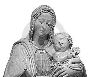Statue of the virgin Mary carrying the baby Jesus isolated on white background. Mother of god sculpture, classic