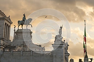 Statue of Vittorio Emanuele II in Rome at sunset