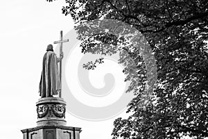 Statue of Vladimir The Great in Kiev, Ukraine, back view in black and white