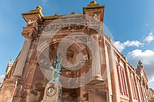 The statue of the winegrower, work of Auguste Bartholdi in front of the covered market in the city of Colmar