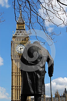 Statue of Winston Churchill and Big Ben in London