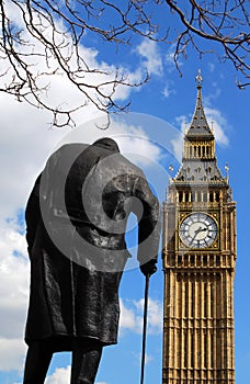 Statue of Winston Churchill and Big Ben in London