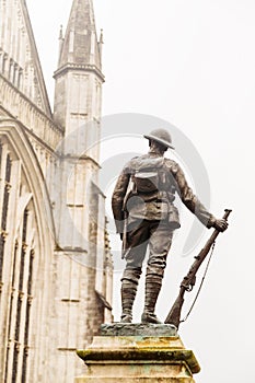 Statue of World War One Soldier in Winchester Cathedral Grounds