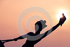 Statue of a Young Girl Holding a Shell and Riding a Seahorse Hippocampus in front of Lake Leman Vevey at Sunset