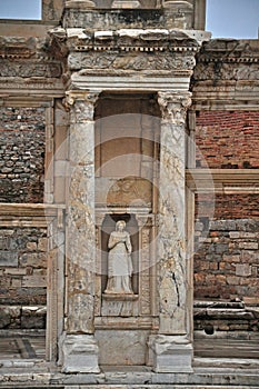 Statues adorn the front of the celebrated library at Ephesus