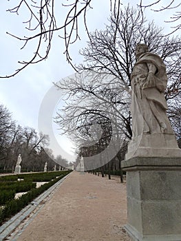 Statues along walk way in Retiro park, Madrid