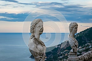 Statues from the belvedere, the so-called Terrazza dell`infinito, The Terrace of Infinity seen on the sunset, Villa Cimbrone, Rave