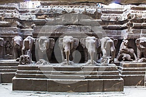 Statues of elephants in the Kailash temple, Ellora Caves, Aurangabad, Maharasthra India