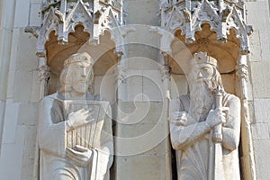 Statues on the facade of the City Hall on Burg Square in Bruges