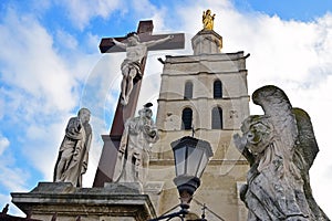 Statues of the facade of Roman Catholic church Avignon Cathedral next to the Palais des Papes in Avignon, France