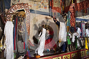 Statues of guardian deities, whose heads are uncovered only during the festival in Diskit Monastery Galdan Tashi Chuling Gompa