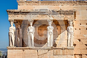The statues of the ionic Erechtheion temple on the Acropolis in Athens