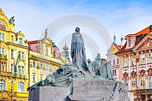 Statues of Jan Hus in the Old Town Square in Prague