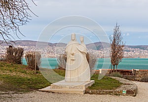 Statues of King Andrew I - founder of the adjacent Tihany Abbey - and Queen Anastasia at Tihany, Lake Balaton Hungary