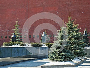 Statues by The Lenin Mausoleum and the wall of the Kremlin, Red Square, Moscow, Russia