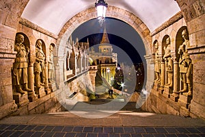 The statues of the medieval warriors of Arpad dynasty on the walls of the staircase of Fisherman`s Bastion in Budapest, Hungary