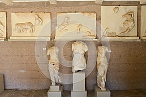 Statues on the museum at ancient Corinth, Greece