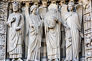 Statues on the Portal of the Virgin on the facade of the Cathedral of Notre Dame de Paris