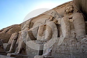 Statues of Ramesses II at the magnificent ruins of the Great Temple of Ramesses II at Abu Simbel in Egypt.