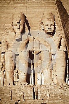 Statues of the Ramesses II and Nefertari in Abu Simbel temple