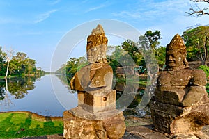 Statues on South Bridge, Entrance of Angkor Thom, Khmer styled Temple, Siem Reap, Cambodia.