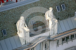 Statues on top of the old city buildings on Ban Jelacic Square in Zagreb