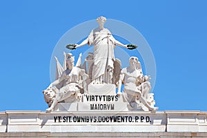 Statues at the top of Rua Augusta Arch in Lisbon Portugal