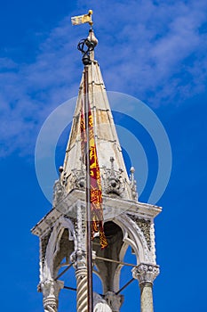 Statues on the top of St Mark`s Basilica at Venice, Italy