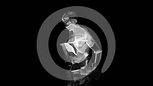 Statuette of man. Design. Glowing figure of man on black background. Glass geometric figure of man with light. Statuette