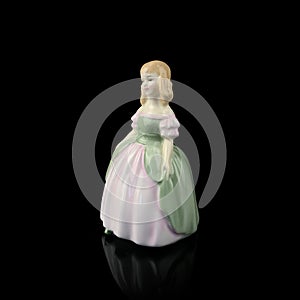 Statuette of a woman in a retro dress on a black background.