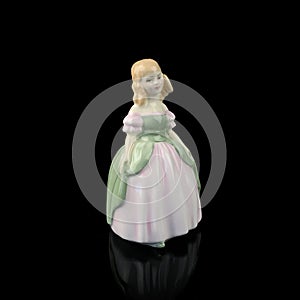 Statuette of a woman in a retro dress on a black background.