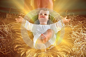 Statuettes of baby Jesus,The birthday of Jesus is a statuette of Maria with Joseph and newborn Jesus on the hay, A Christmas nativ