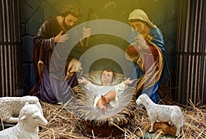 Statuettes of baby Jesus,The birthday of Jesus is a statuette of Maria with Joseph and newborn Jesus on the hay, A Christmas nativ